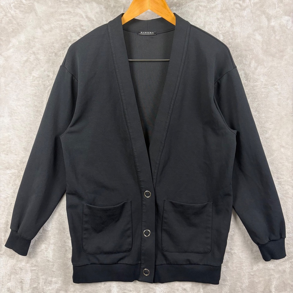 Sisley Womens S Black Snap Front V Neck Jersey Cardigan Sweater Pockets Academia